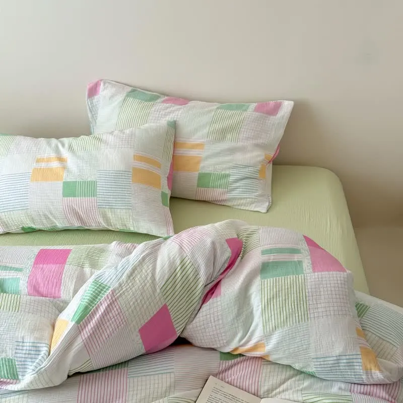 Mehrfarbiges Patchwork-Bettwäscheset aus Baumwolle im Pastell-Look (4-teilig)
