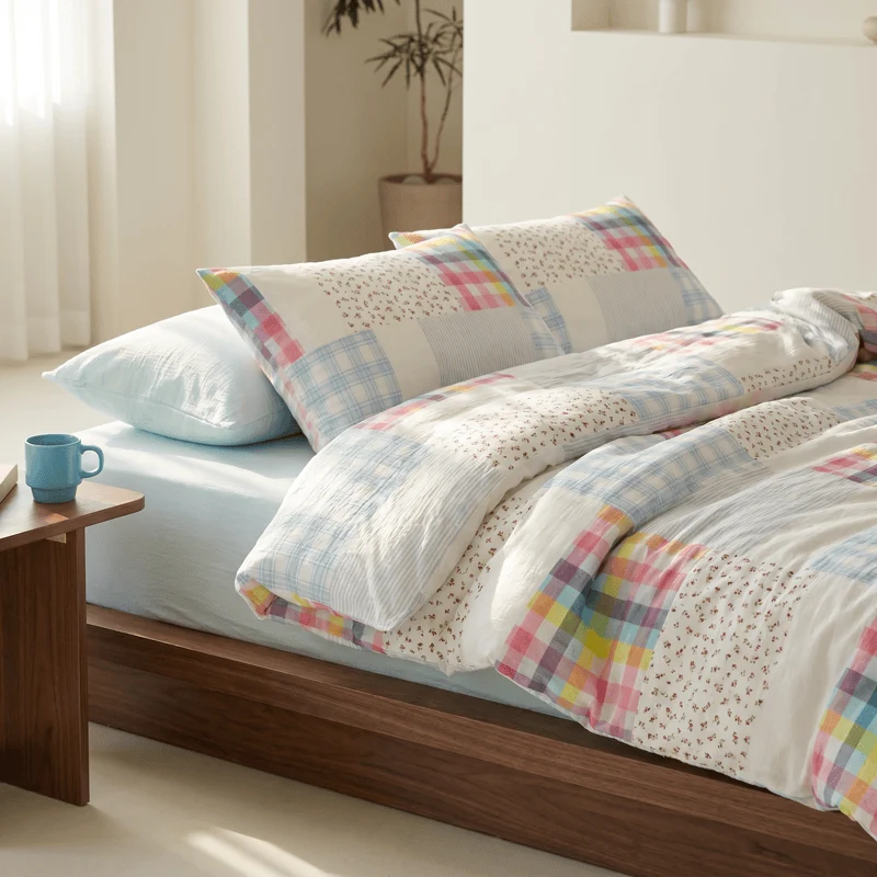 Bettwäsche-Set aus Baumwolle mit Regenbogenkaro-Patchwork-Blumenmuster (4-teilig)