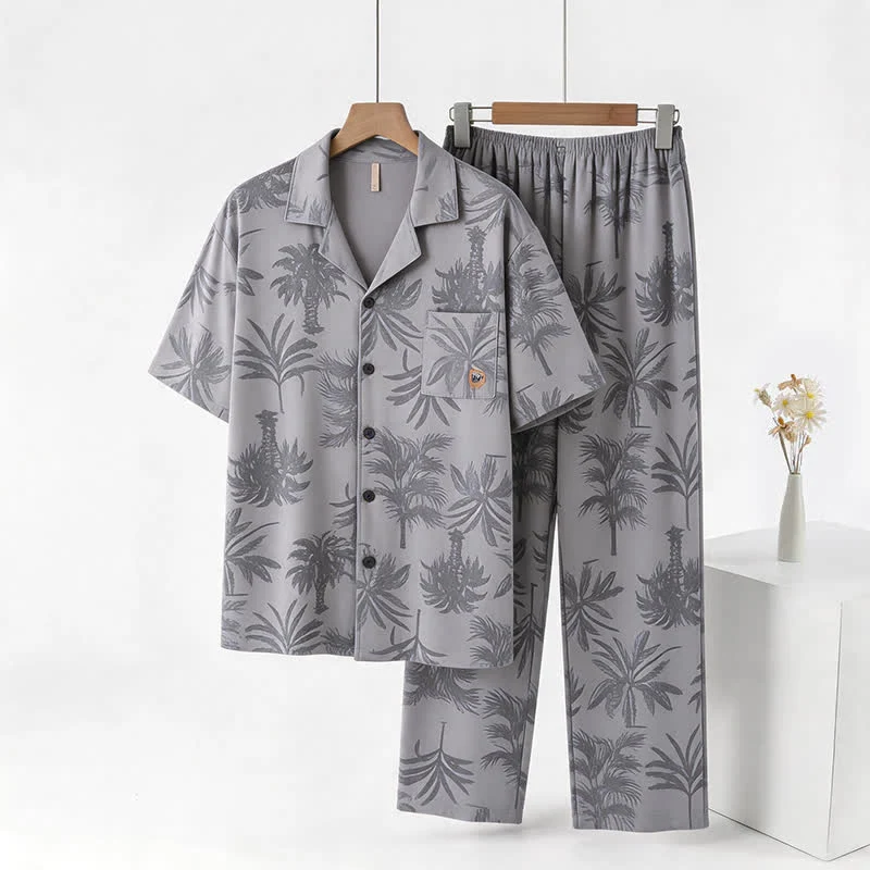 Loungewear-Set aus Baumwolle mit tropischen Palmenknöpfen