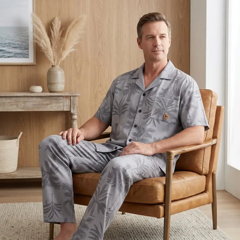 Loungewear-Set aus Baumwolle mit tropischen Palmenknöpfen