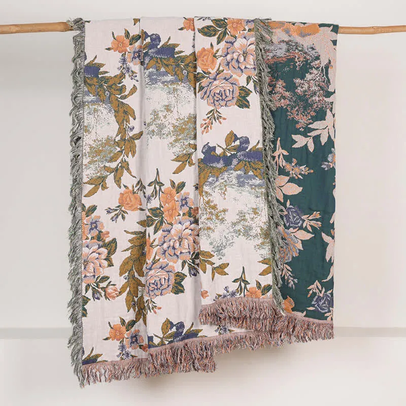 4-lagige Tagesdecke aus Baumwollgaze mit barockem Blumenmuster