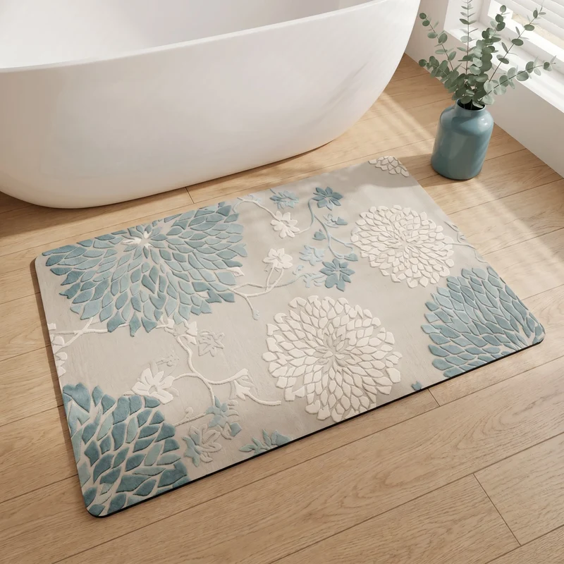 Blauer, rutschfester Badezimmerteppich mit Vintage-Blumenmuster