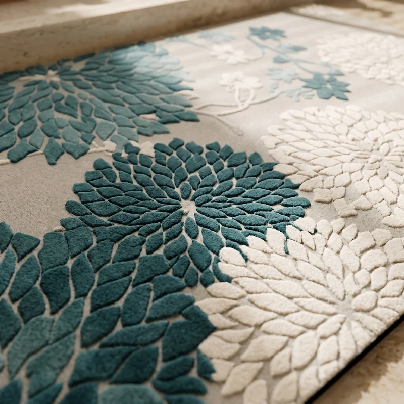Blauer, rutschfester Badezimmerteppich mit Vintage-Blumenmuster