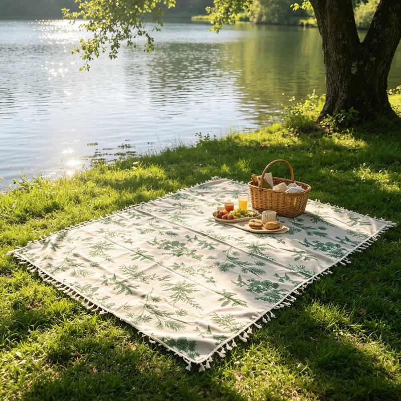 Picknickdecke mit Vintage-Waldmuster und Quasten
