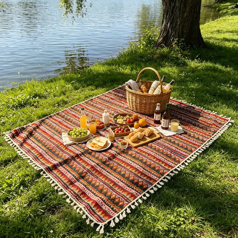 Boho-Picknickdecke im Ethno-Stil mit Quasten