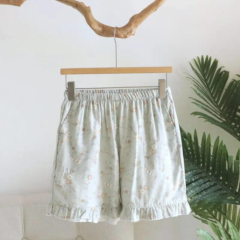 Pyjama-Shorts aus Baumwollgaze mit Rüschen und Blumenmuster