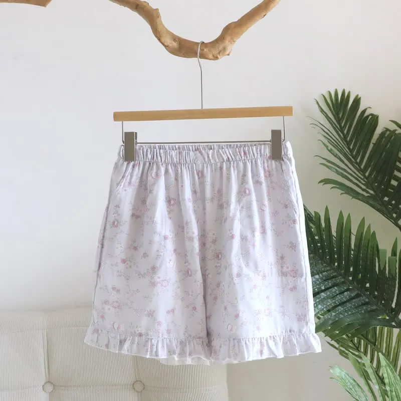 Pyjama-Shorts aus Baumwollgaze mit Rüschen und Blumenmuster