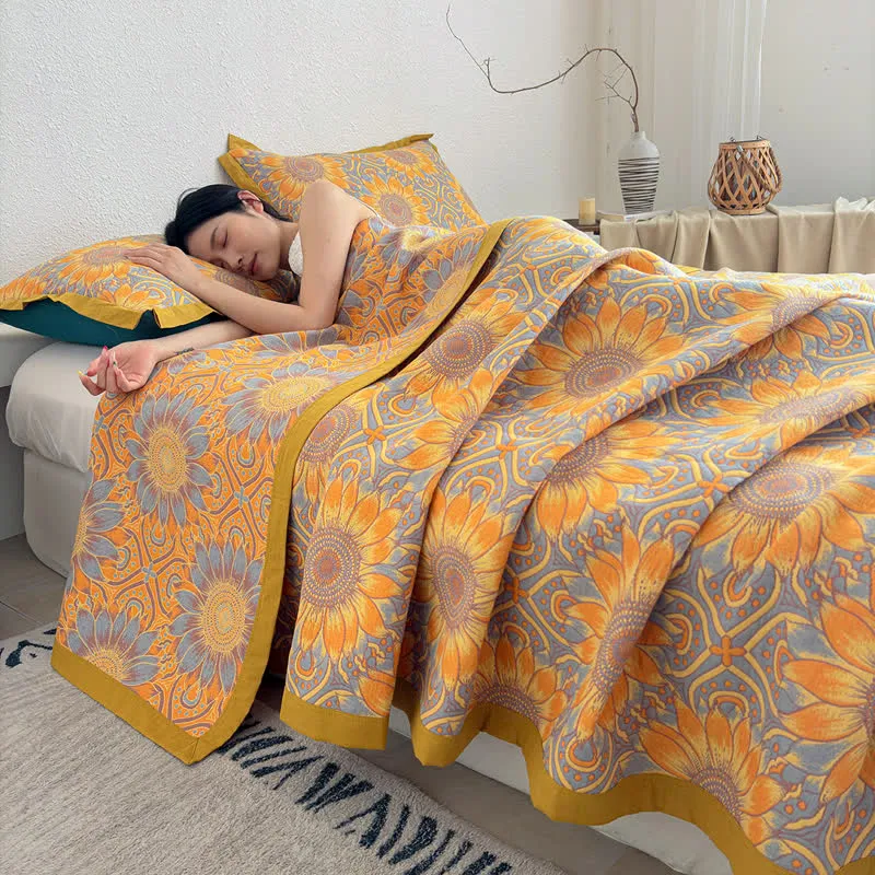 Boho-Sonnenblumen-3-lagige Musselin-Baumwolldecke