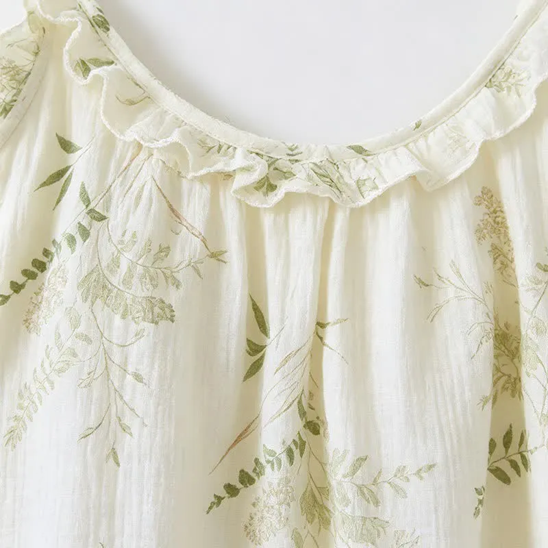 Baumwoll-Cami-Pyjama mit Rüschen und botanischem Blattmuster