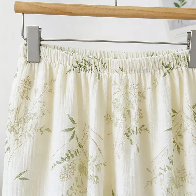 Baumwoll-Cami-Pyjama mit Rüschen und botanischem Blattmuster