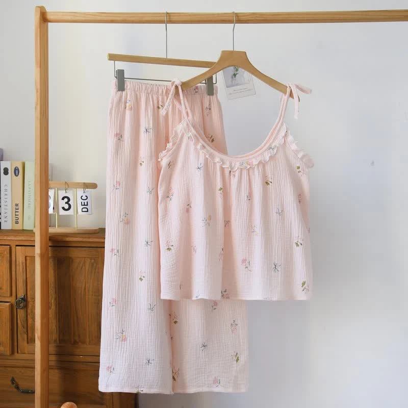 Rüschen-Baumwoll-Cami-Pyjama mit zartem Blumenmuster