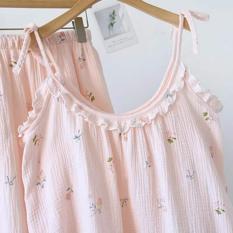 Rüschen-Baumwoll-Cami-Pyjama mit zartem Blumenmuster