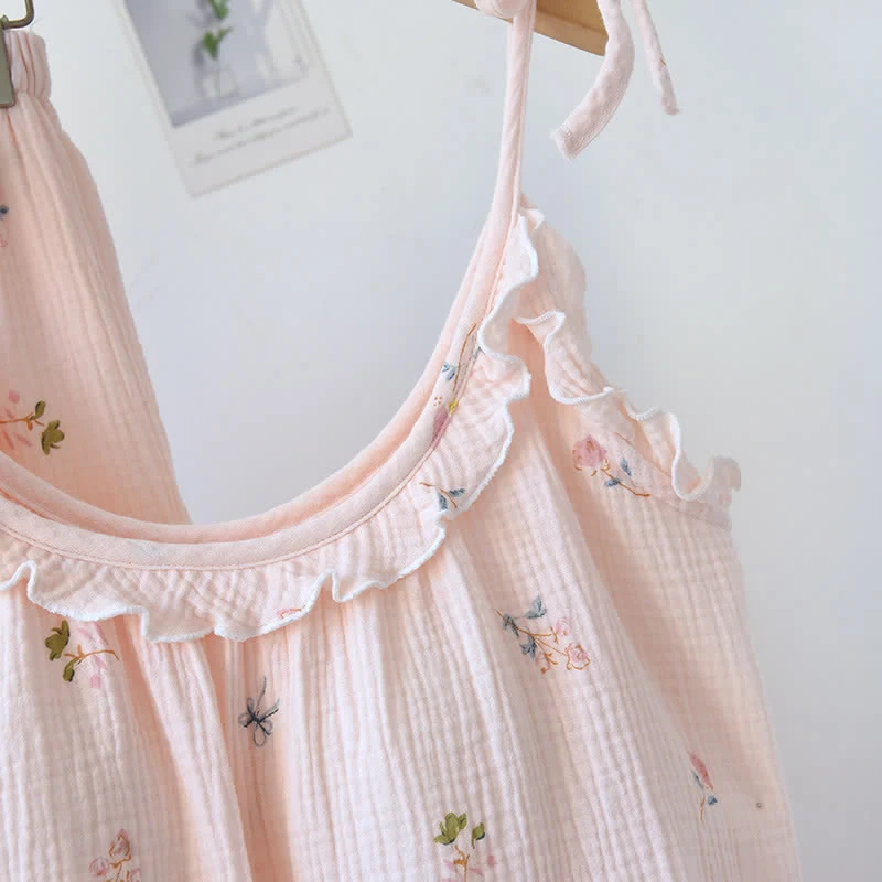Rüschen-Baumwoll-Cami-Pyjama mit zartem Blumenmuster