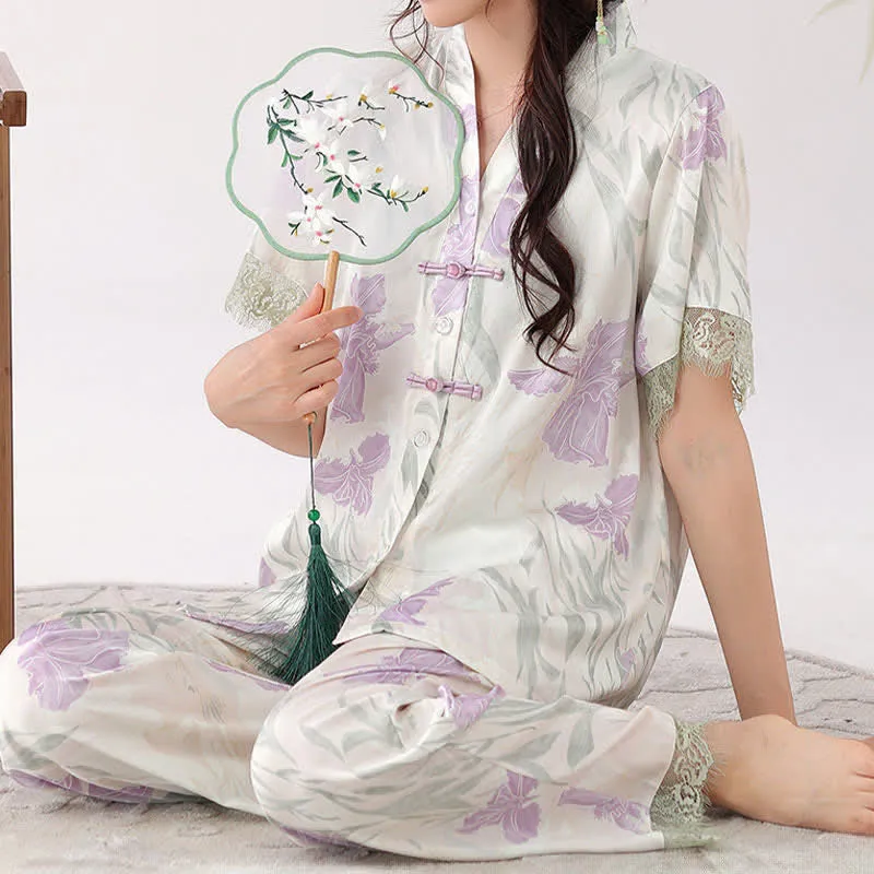 Loungewear-Set für Damen mit Blumenmuster und Stehkragen