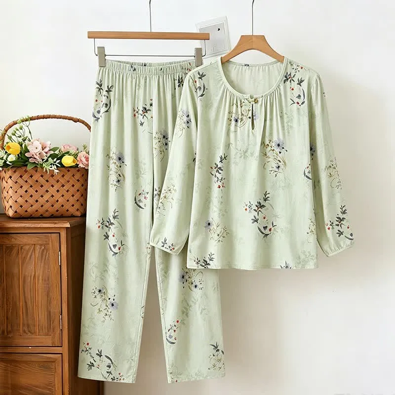 Hellgrüner, geblümter Langarm-Pyjama