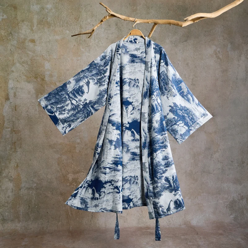 Kimono-Bademantel aus Baumwolle mit Toile-Print