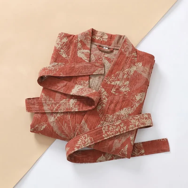 Kimono-Bademantel aus Baumwollgaze mit Korallenblattmuster
