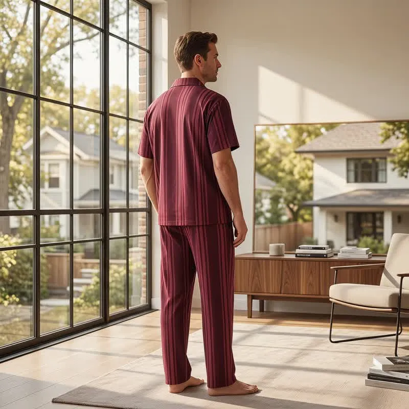 Loungewear-Set aus Baumwolle mit burgunderfarbenen vertikalen Streifen