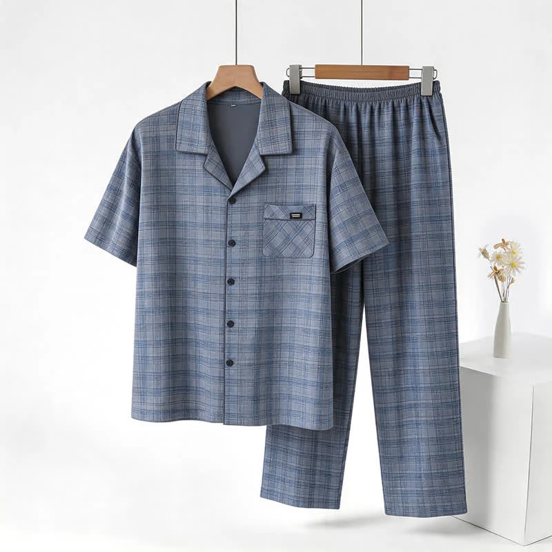 Loungewear-Set aus blau-grau karierter Baumwolle mit Knöpfen