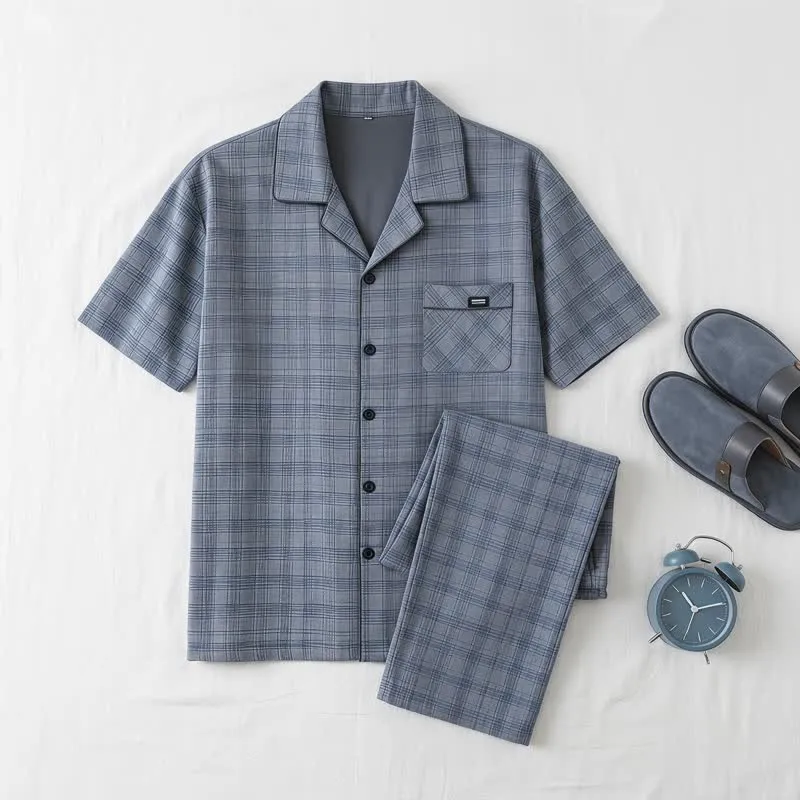 Loungewear-Set aus blau-grau karierter Baumwolle mit Knöpfen