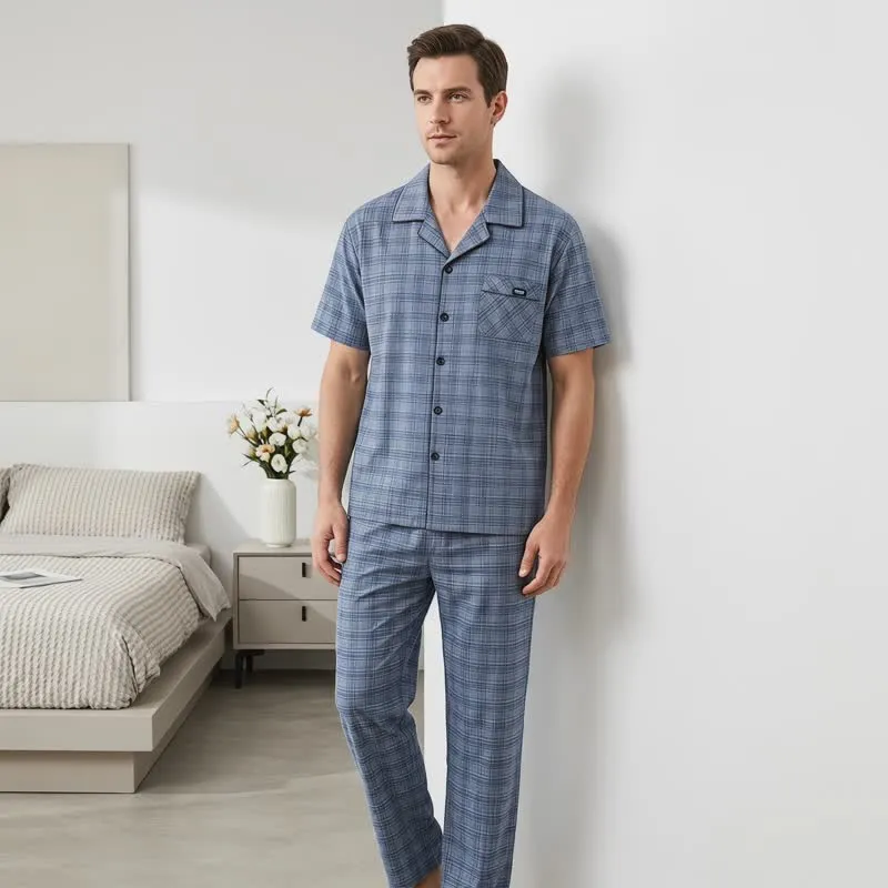 Loungewear-Set aus blau-grau karierter Baumwolle mit Knöpfen