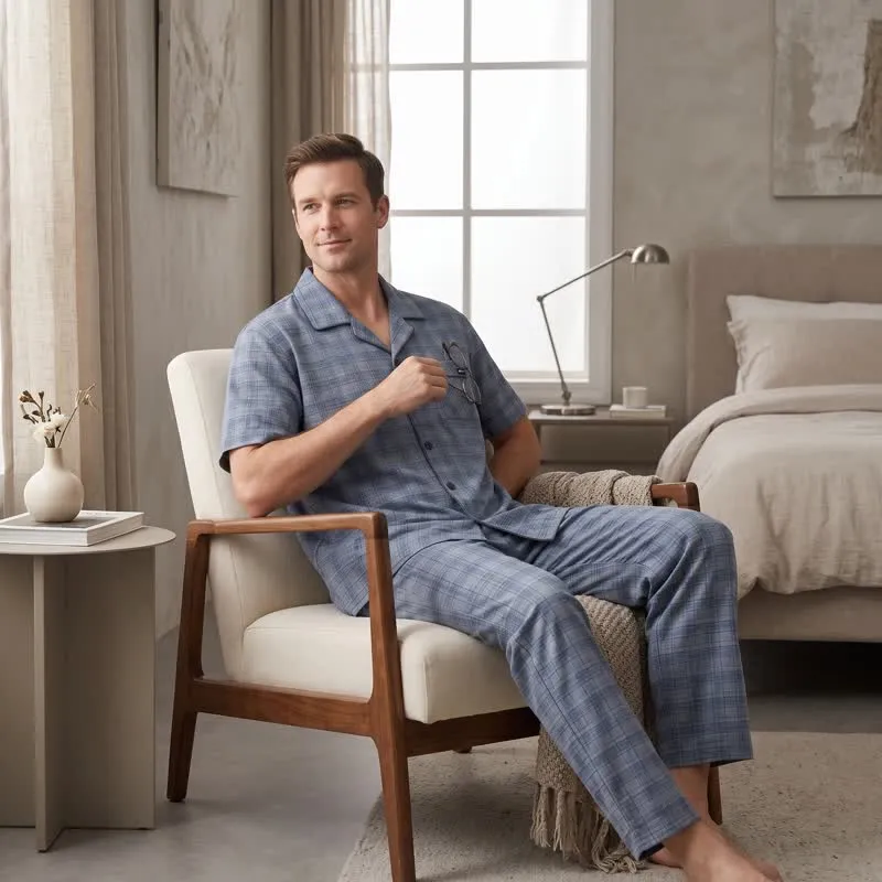 Loungewear-Set aus blau-grau karierter Baumwolle mit Knöpfen