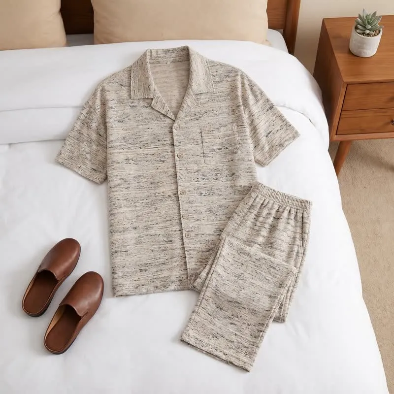 Loungewear-Set aus melierter Baumwolle mit Knöpfen