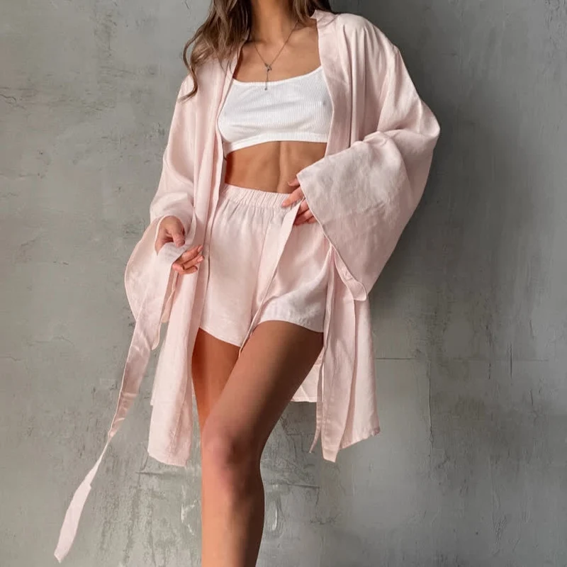 Kimono-Set in einfarbigem Rosa