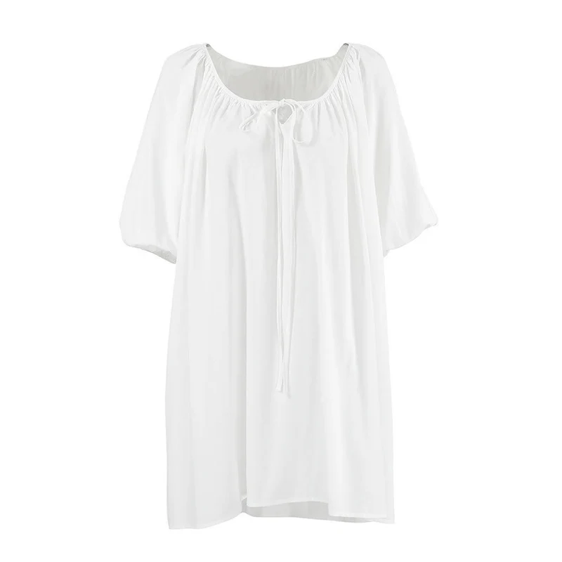 Weißes Baumwoll-Loungewear-Kleid mit Bindekragen
