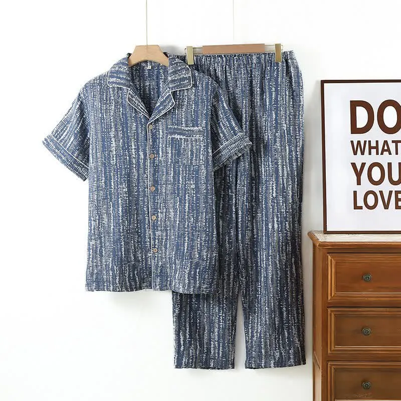 Unisex-Pyjama-Set aus blauer, künstlerisch gestalteter Baumwolle