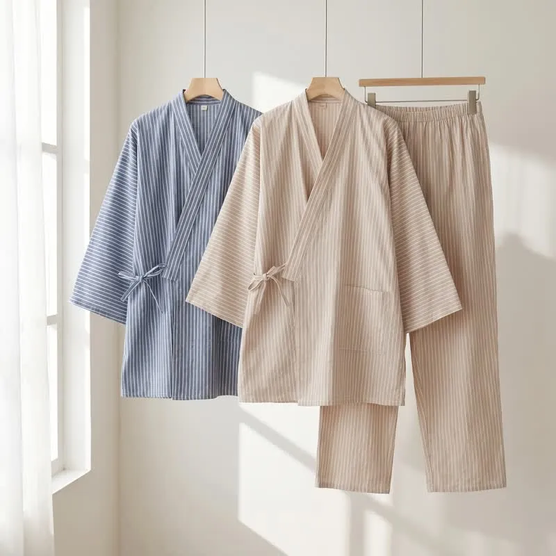 Unisex-Kimono-Pyjama aus gestreiftem Baumwollgaze