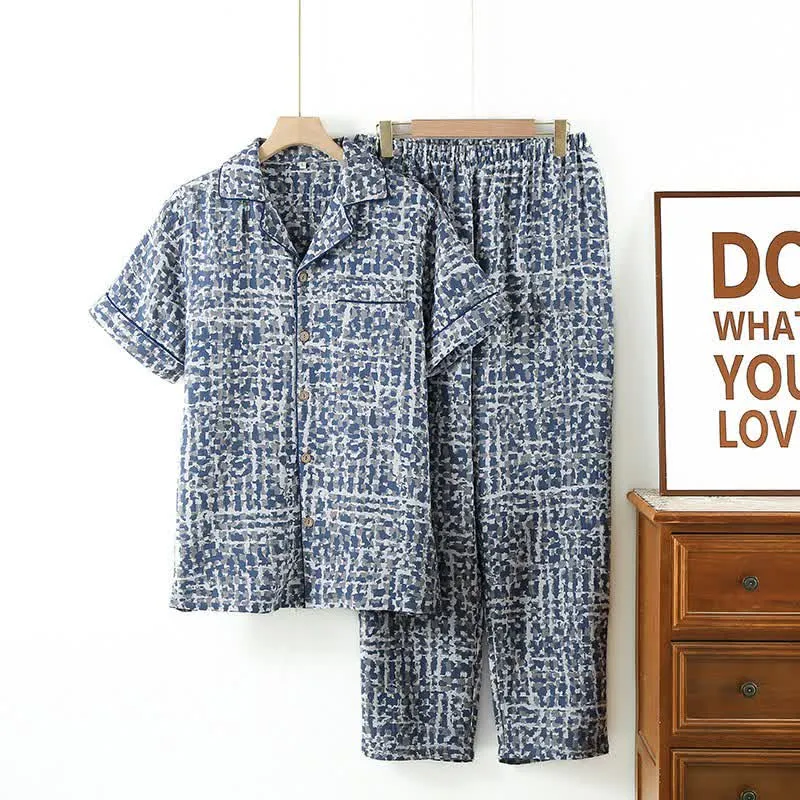 Loungewear-Set aus blau-abstrakt karierter Baumwolle