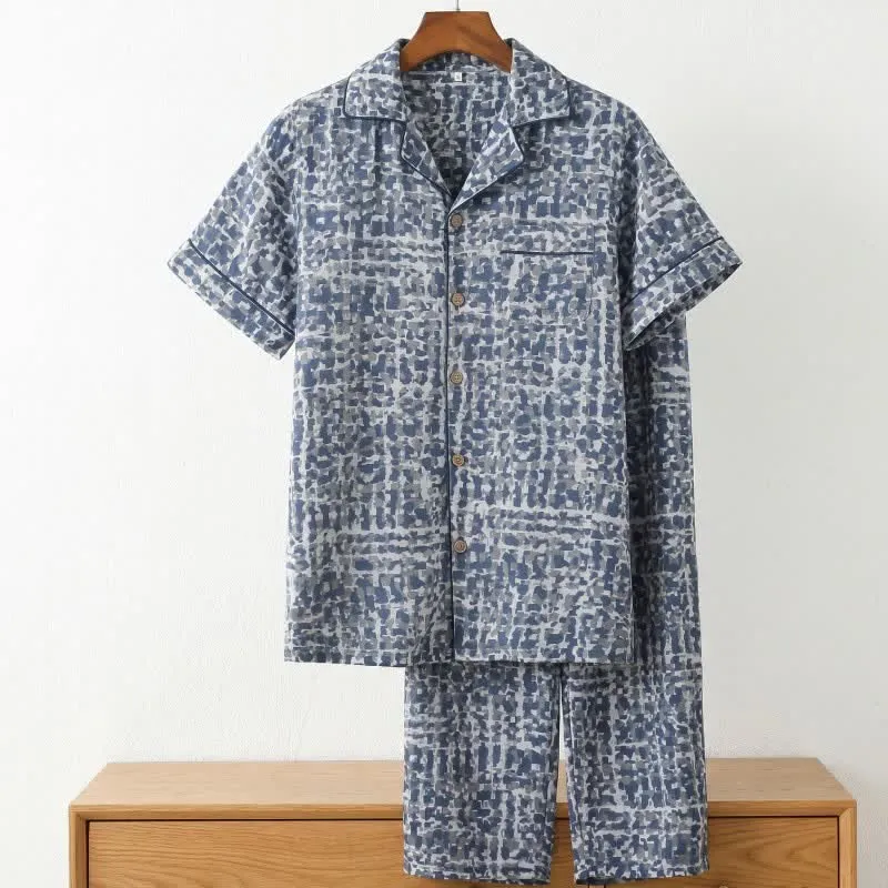 Loungewear-Set aus blau-abstrakt karierter Baumwolle