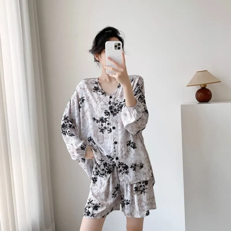 Retro-Pyjama mit Blumenmuster und Knopfleiste für Damen