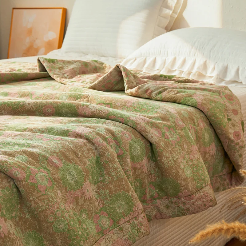 Garngefärbte Boho-Blumen-Jacquard-Musselindecke