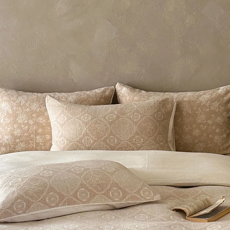 Bettwäsche-Set aus Baumwolle mit geometrischem Blumenmuster in Kamelfarbe und Jacquard-Design