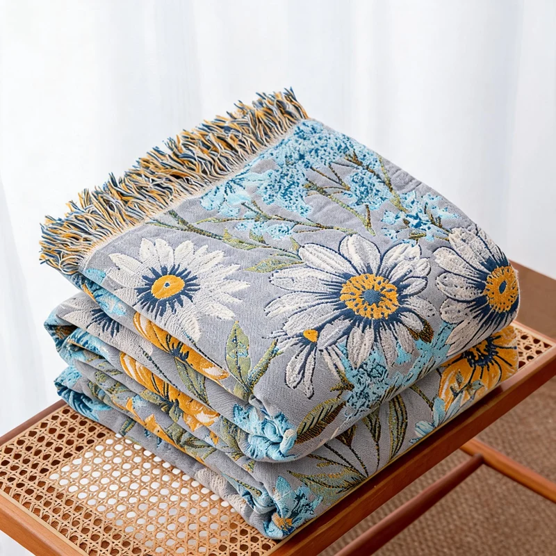 Vintage-Blumen-Gänseblümchen-Fransen-Gaze-Steppdecke