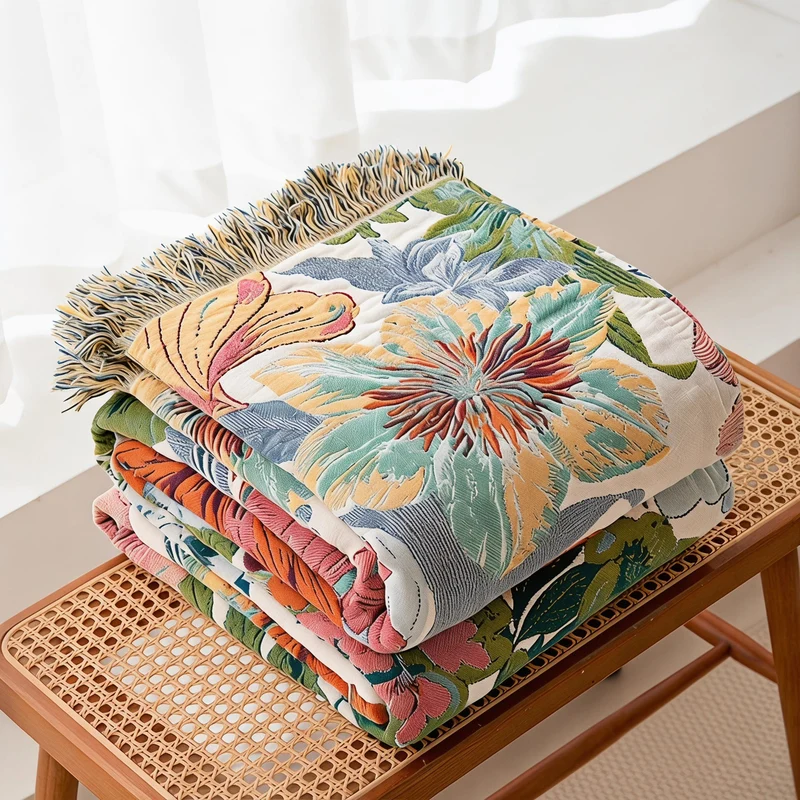 Wendbare Vintage-Gaze-Steppdecke mit tropischem Blumenmuster