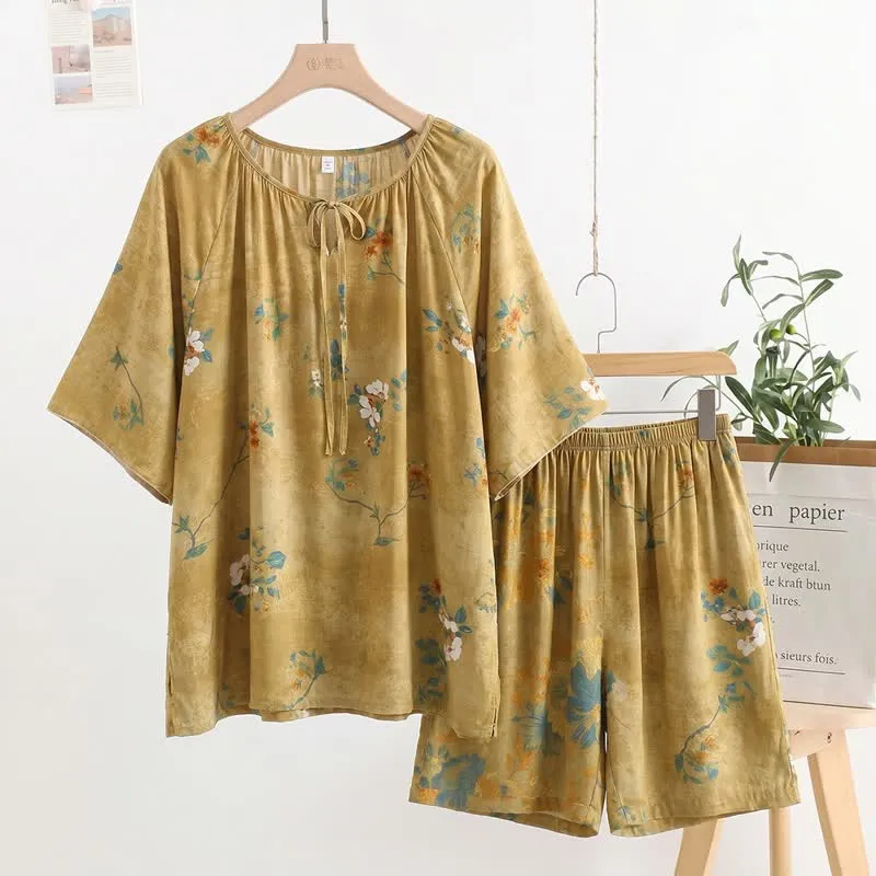 Vintage-Pyjama-Set mit botanischem Blumenmuster und Bindekragen