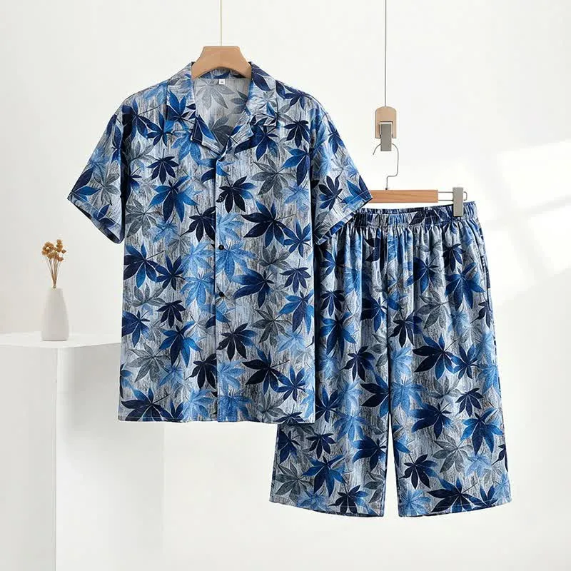 Unisex-Pyjama-Set mit blauem Blattmuster