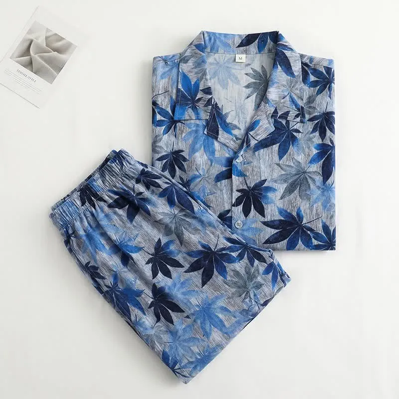 Unisex-Pyjama-Set mit blauem Blattmuster