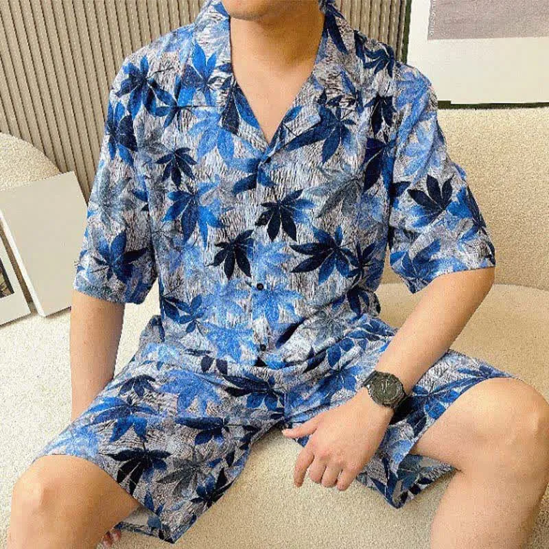 Unisex-Pyjama-Set mit blauem Blattmuster