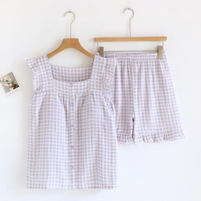 Pyjama-Set aus Baumwolle mit Rüschenärmeln und Vichy-Karo
