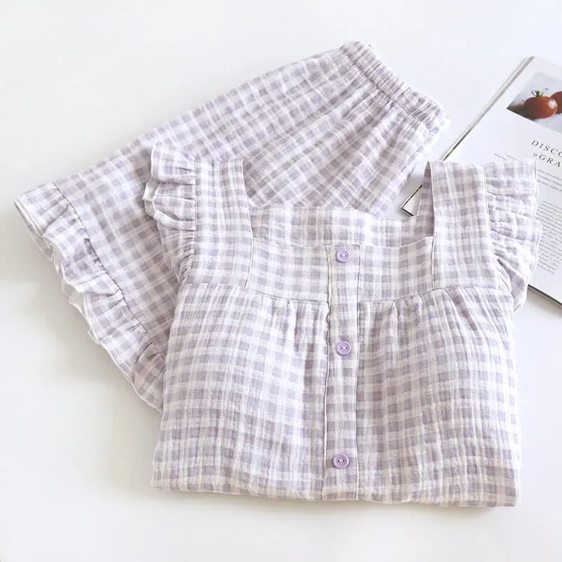 Pyjama-Set aus Baumwolle mit Rüschenärmeln und Vichy-Karo