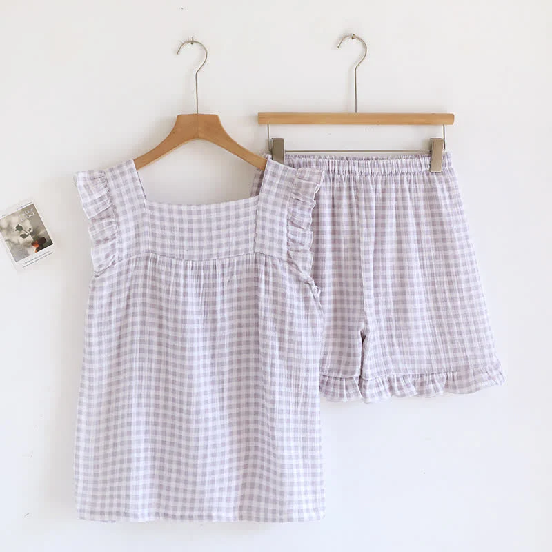 Pyjama-Set aus Baumwolle mit Rüschenärmeln und Vichy-Karo