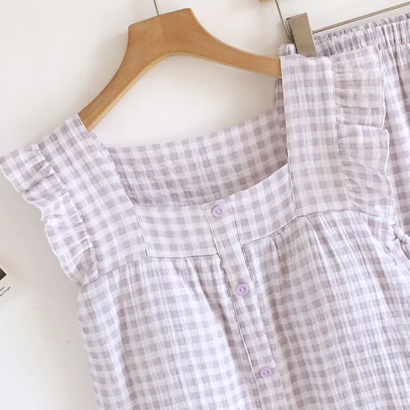 Pyjama-Set aus Baumwolle mit Rüschenärmeln und Vichy-Karo