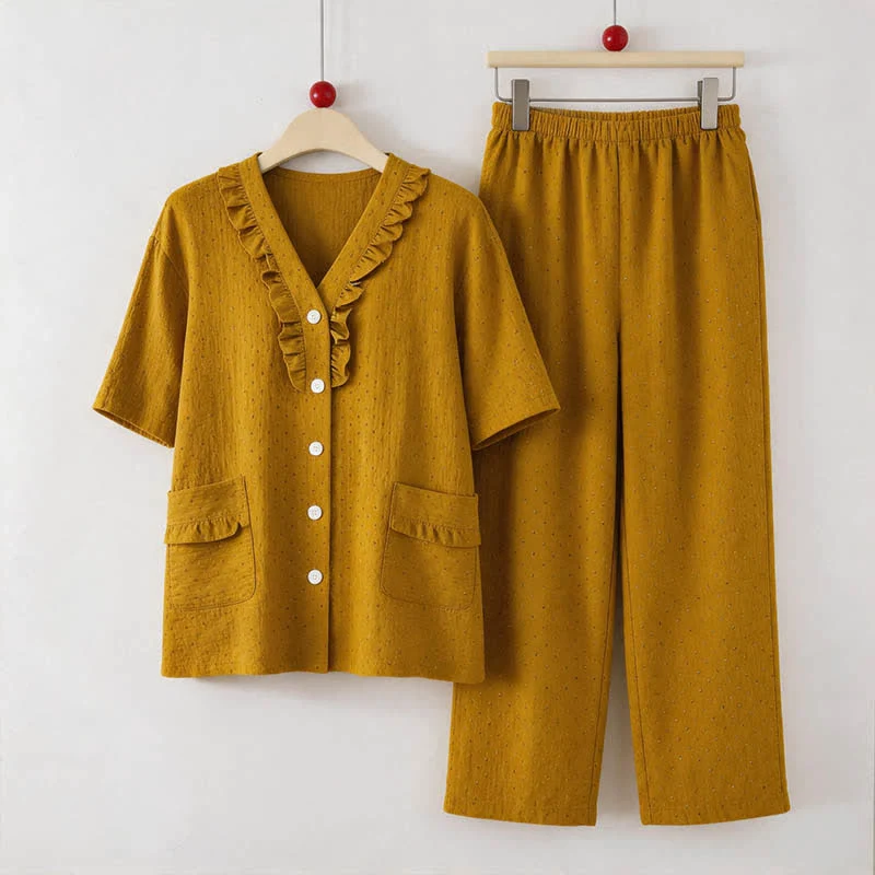 Senffarbenes Baumwoll-Loungewear-Set mit Rüschen