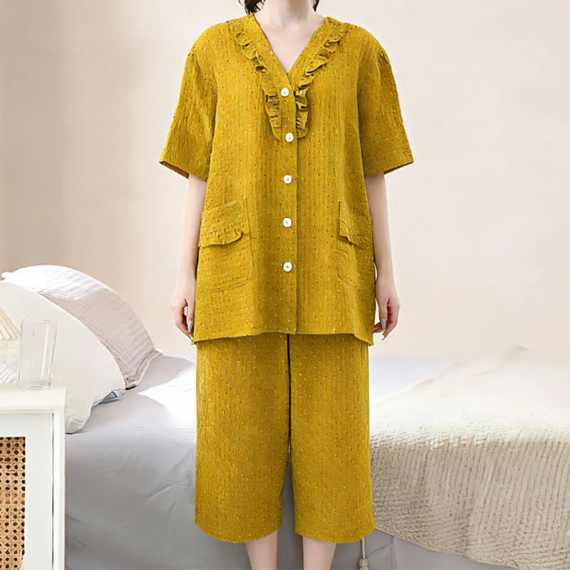 Senffarbenes Baumwoll-Loungewear-Set mit Rüschen