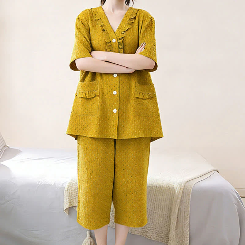 Senffarbenes Baumwoll-Loungewear-Set mit Rüschen