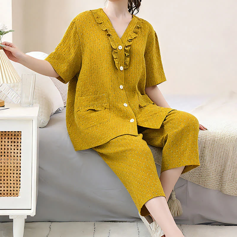 Senffarbenes Baumwoll-Loungewear-Set mit Rüschen